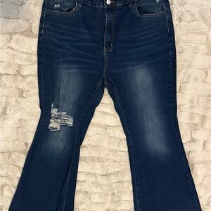 SHEIN Blue Flare Wide Leg Jeans with Vintage Fading
